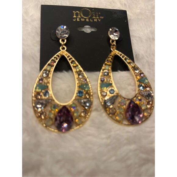 NWT Noir Teardrop Gemstone and Gold Earrings - Picture 2 of 3